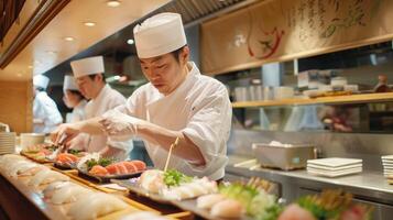 Sushi cocinero preparando a lanzamiento un nuevo omakase menú foto