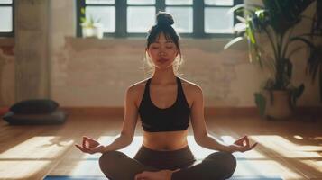 portrait of asian woman wearing sportswear doing yoga exercise sitting on floor in lotus pose. photo