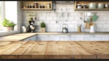 Wood table top on blurred kitchen background. photo