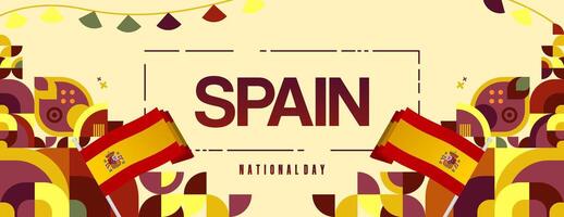 Spanish National Day wide banner in colorful modern geometric style. National and Independence Day greeting card with Spain flag. Background celebrating national holiday party vector
