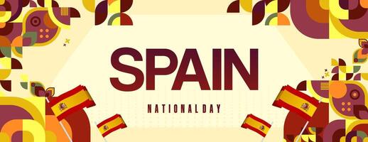 Spanish National Day wide banner in colorful modern geometric style. National and Independence Day greeting card with Spain flag. Background celebrating national holiday party vector