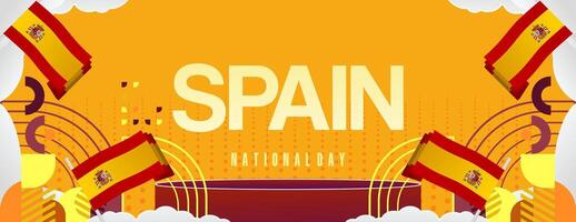 Spanish National Day wide banner in colorful modern geometric style. National and Independence Day greeting card with Spain flag. Background celebrating national holiday party vector