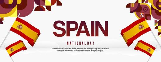 Spanish National Day wide banner in colorful modern geometric style. National and Independence Day greeting card with Spain flag. Background celebrating national holiday party vector