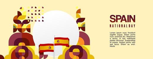 Spanish National Day wide banner in colorful modern geometric style. National and Independence Day greeting card with Spain flag. Background celebrating national holiday party vector
