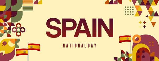 Spanish National Day wide banner in colorful modern geometric style. National and Independence Day greeting card with Spain flag. Background celebrating national holiday party vector