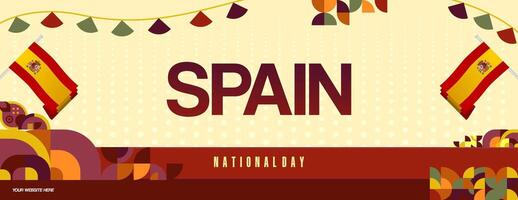 Spanish National Day wide banner in colorful modern geometric style. National and Independence Day greeting card with Spain flag. Background celebrating national holiday party vector