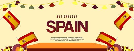 Spanish National Day wide banner in colorful modern geometric style. National and Independence Day greeting card with Spain flag. Background celebrating national holiday party vector