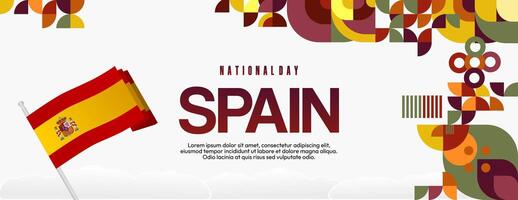 Spanish National Day wide banner in colorful modern geometric style. National and Independence Day greeting card with Spain flag. Background celebrating national holiday party vector