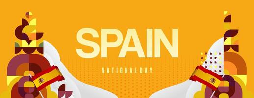 Spanish National Day wide banner in colorful modern geometric style. National and Independence Day greeting card with Spain flag. Background celebrating national holiday party vector