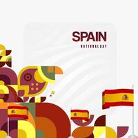 Spanish National Day square banner in colorful modern geometric style. National and Independence Day greeting card with Spain flag. Background celebrating national holiday party vector