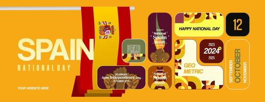 Spanish National Day wide banner in modern colorful geometric bento layout. National and Independence Day greeting card with Spain flag. Background celebrating national holiday party vector
