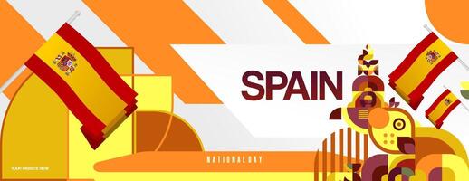 Spanish National Day wide banner in colorful modern geometric style. National and Independence Day greeting card with Spain flag. Background celebrating national holiday party vector