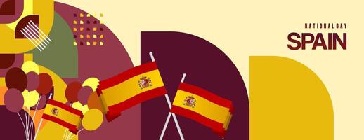 Spanish National Day wide banner in colorful modern geometric style. National and Independence Day greeting card with Spain flag. Background celebrating national holiday party vector