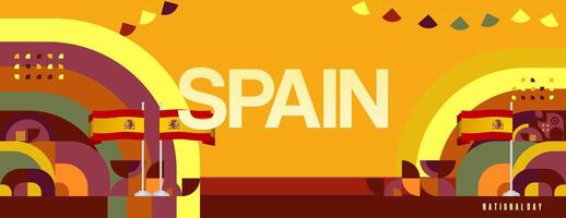 Spanish National Day wide banner in colorful modern geometric style. National and Independence Day greeting card with Spain flag. Background celebrating national holiday party vector