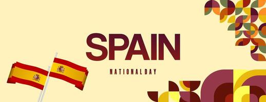 Spanish National Day wide banner in colorful modern geometric style. National and Independence Day greeting card with Spain flag. Background celebrating national holiday party vector