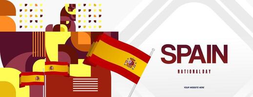 Spanish National Day wide banner in colorful modern geometric style. National and Independence Day greeting card with Spain flag. Background celebrating national holiday party vector