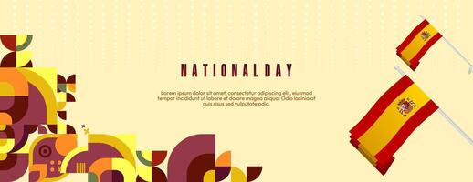 Spanish National Day wide banner in colorful modern geometric style. National and Independence Day greeting card with Spain flag. Background celebrating national holiday party vector