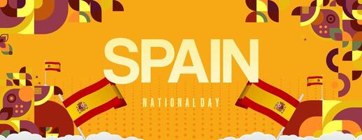 Spanish National Day wide banner in colorful modern geometric style. National and Independence Day greeting card with Spain flag. Background celebrating national holiday party vector