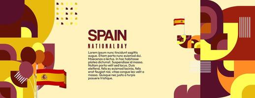 Spanish National Day wide banner in colorful modern geometric style. National and Independence Day greeting card with Spain flag. Background celebrating national holiday party vector