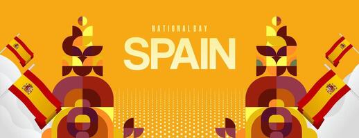 Spanish National Day wide banner in colorful modern geometric style. National and Independence Day greeting card with Spain flag. Background celebrating national holiday party vector