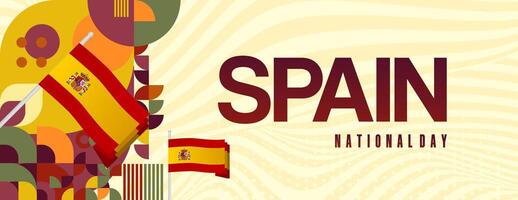 Spanish National Day wide banner in colorful modern geometric style. National and Independence Day greeting card with Spain flag. Background celebrating national holiday party vector