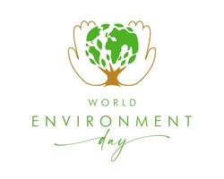 World Environment Day creative congrats. Environmental logo concept. Green leaves tree with globe shape, human palms, creative icon. Social network timeline post design. Branding emblem template. vector