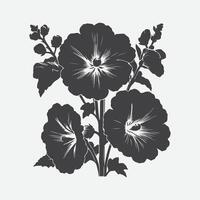 Print Captivating Hollyhock Flower Silhouette, A Timeless Floral Beauty in Black and White vector