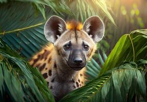 Hyena in a jungle with tropical leaves in background, Hyena in tropical leaves portrait photo