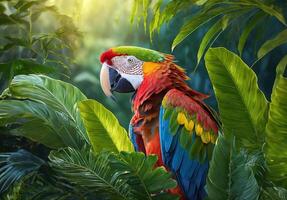 Macaw parrot in tropical leaves portrait, elegant tropical Ara parrot, wild rainforest animal portrait photo