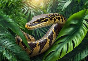 Python snake in tropical leaves portrait, elegant tropical animal, photo