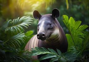 Tapir in tropical leaves portrait, closeup shot of a tapir in a jungle photo