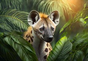 Hyena in tropical leaves portrait, elegant tropical animal, wild rainforest animal portrait photo