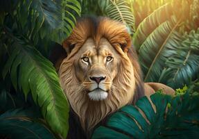 Lion in tropical leaves portrait, elegant tropical animal, wild king of the rainforest jungle photo