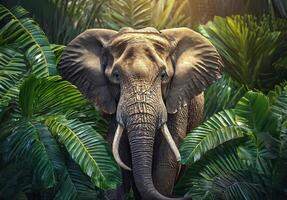 Elephant between green tropical leaves, elegant tropical animal, wild African forest elephant portrait photo