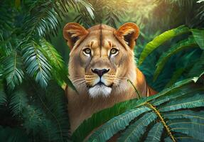 Lioness standing in a tropical jungle, Lioness in tropical leaves portrait photo