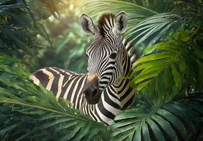 Zebra walking through a tropical jungle, Zebra in tropical leaves portrait photo