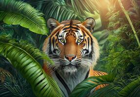 A majestic Tiger standing in tropical leaves, portrait of an elegant tropical animal, wild rainforest tiger photo