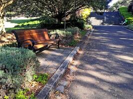 The shadow of the tree falls on the bench by the roadside for rest. photo