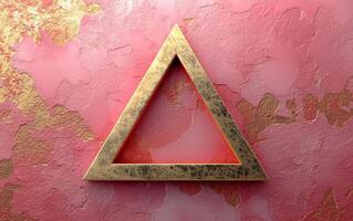 golden triangle on pink textured peeled wall background photo