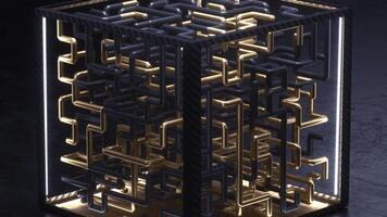 3d render cube with gold and black maze animation inside photo