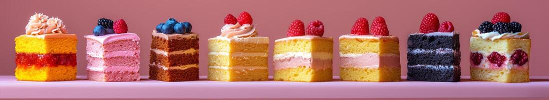 different pieces of cakes horizontally on a pink background photo