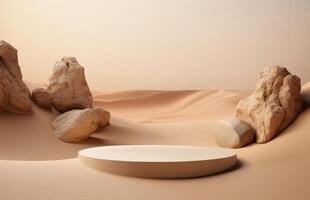 3d of desert with rocks and white board on sand photo