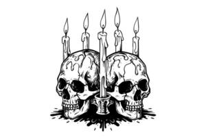 Scull with candle hand drawn ink sketch. Engraved style illustration. vector