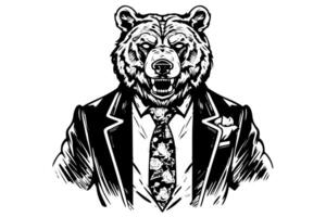 Vintage Hand-Drawn Bear in Businessman Suit Hipster Animal Character Sketch with Typography Design. vector