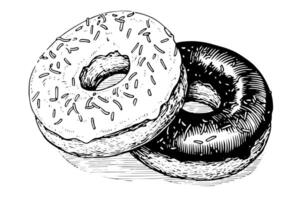 Tasty chocolate donut engraving style. Hand drawn ink sketch illustration. vector