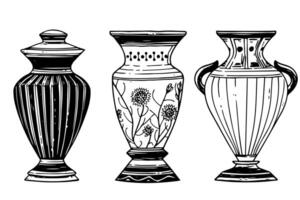 Set of ancient vase hand drawn ink sketch. Engraved style illustration. vector