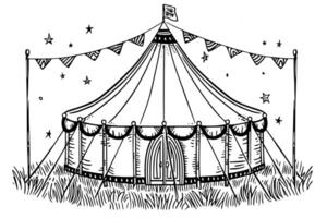 Retro circus marquee tent with flag hand drawn ink sketch. Engraving style illustration. vector