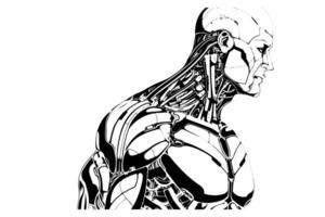 Hand-Drawn AI Robot Cyborg in a Timeless Vintage Engraved Style. Illustration. vector