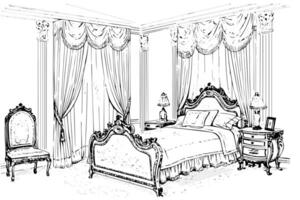 Vintage Interior Sketch Bedroom Design with Elegant Furniture, Vintage Room. vector