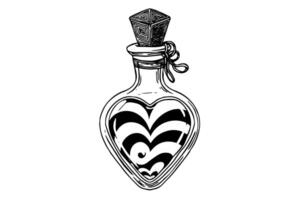 Magic bottle with love potion hand drawn ink sketch. Engraved style illustration. vector